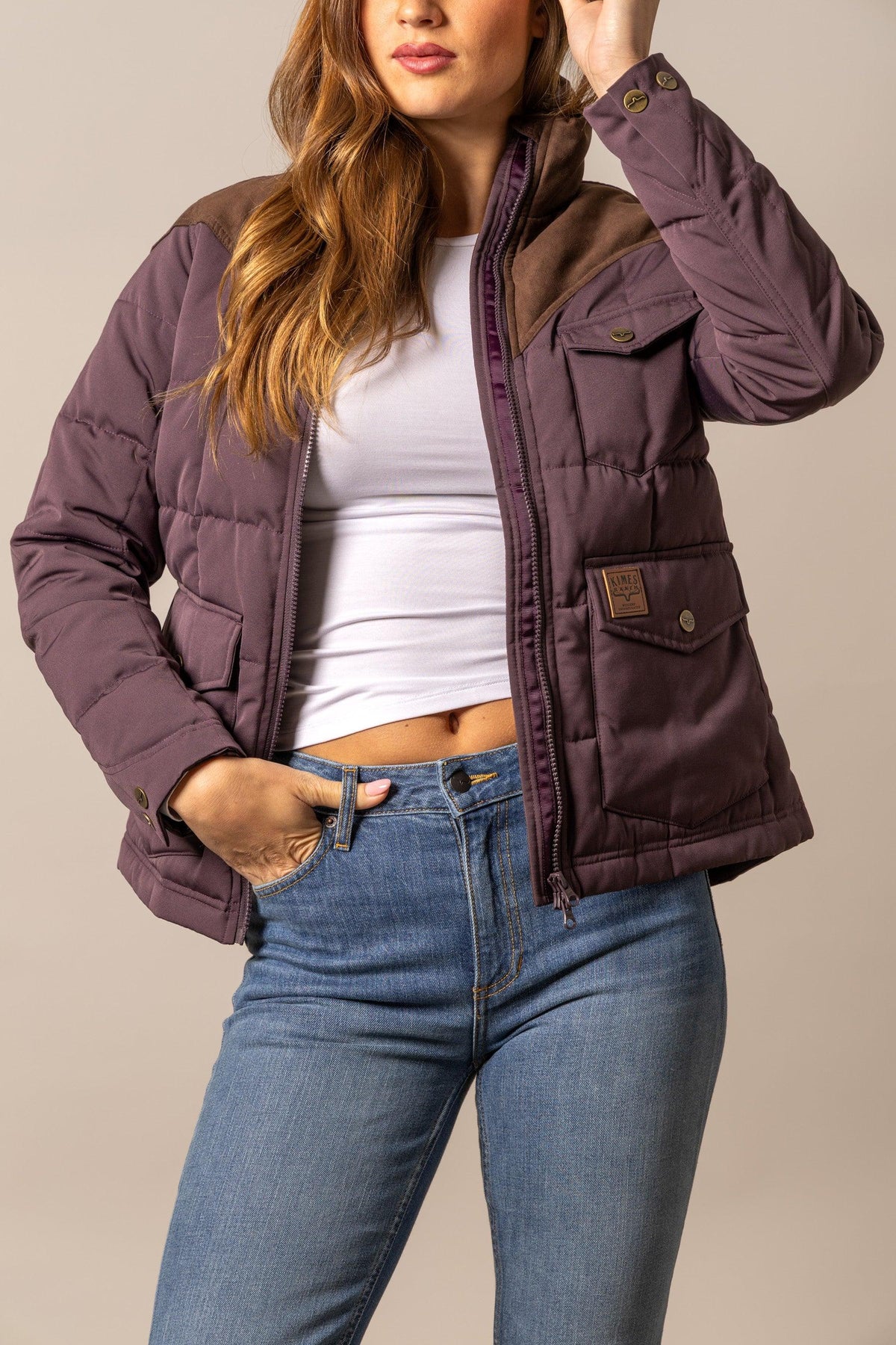 Kimes Ranch Lenora Jacket in Plum with quilted body, brown shoulder yoke, front flap pockets, and Kimes Ranch logo patch