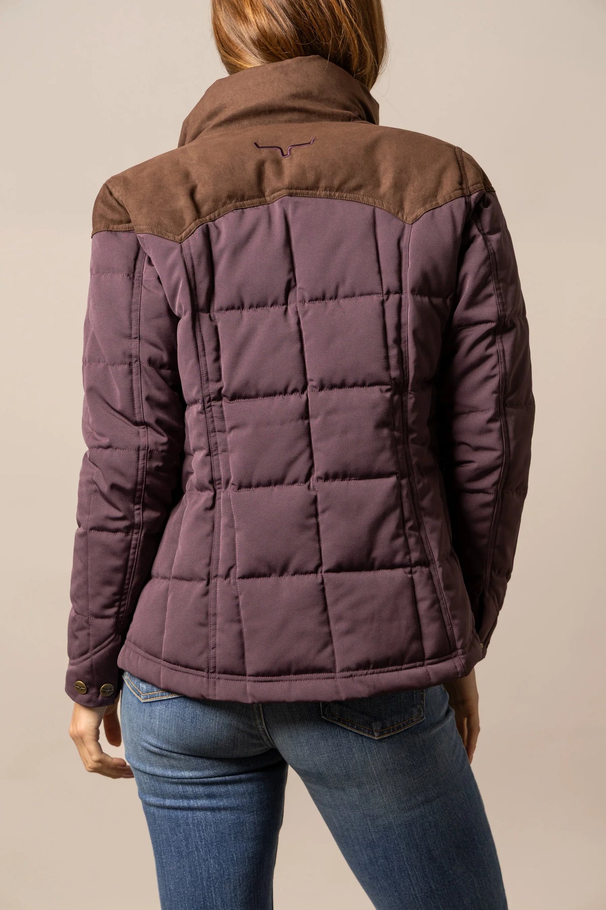 Kimes Ranch Lenora Jacket in Plum, back view, with quilted back and yoke with Kimes Ranch logo