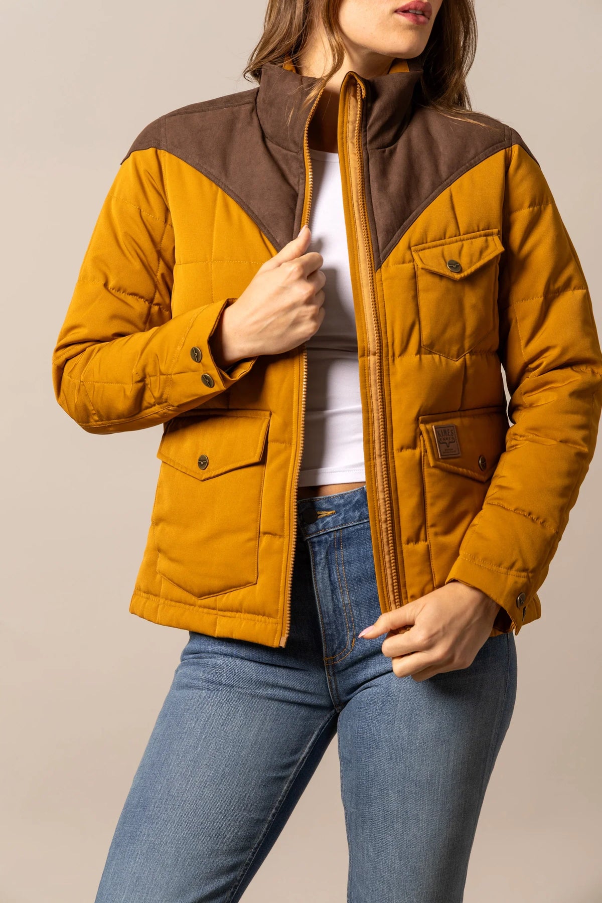 Kimes Ranch Lenora Jacket in Work Wear Brown with quilted mustard body, brown yoke, and front pockets
