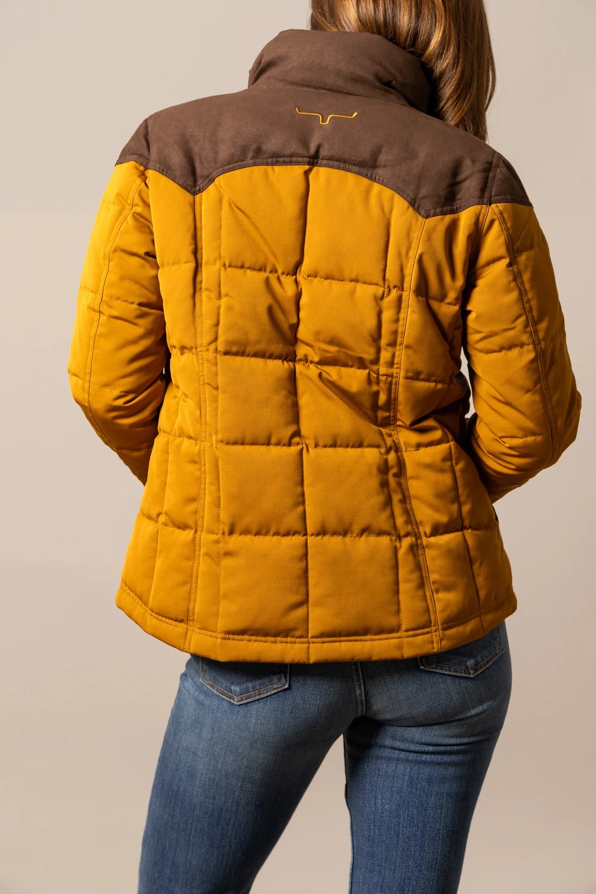 Kimes Ranch Lenora Jacket in Work Wear Brown, back view, with mustard quilted back and embroidered logo