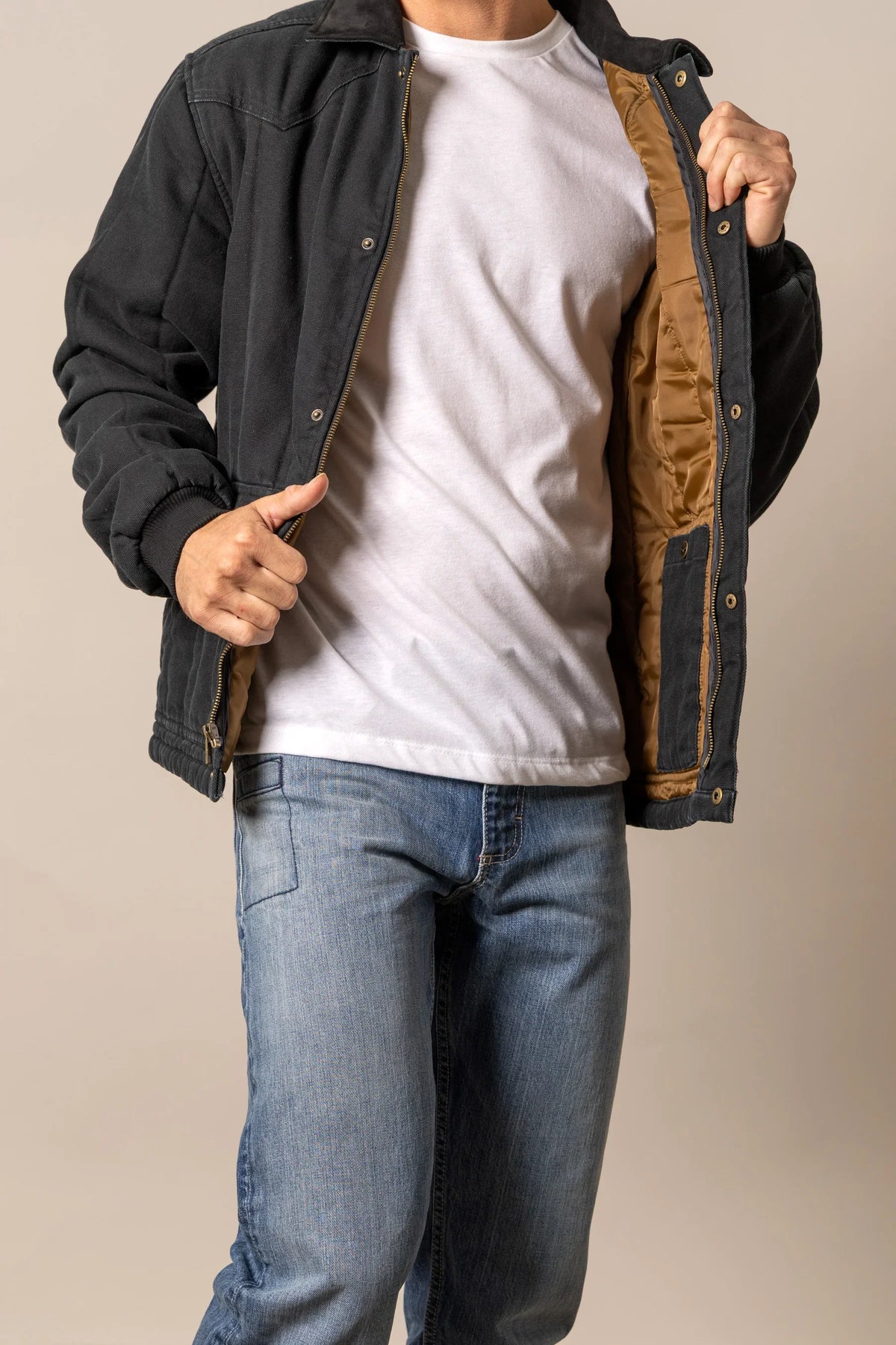 Kimes Ranch Lewiston Jacket in Black with tan quilted lining and front pockets