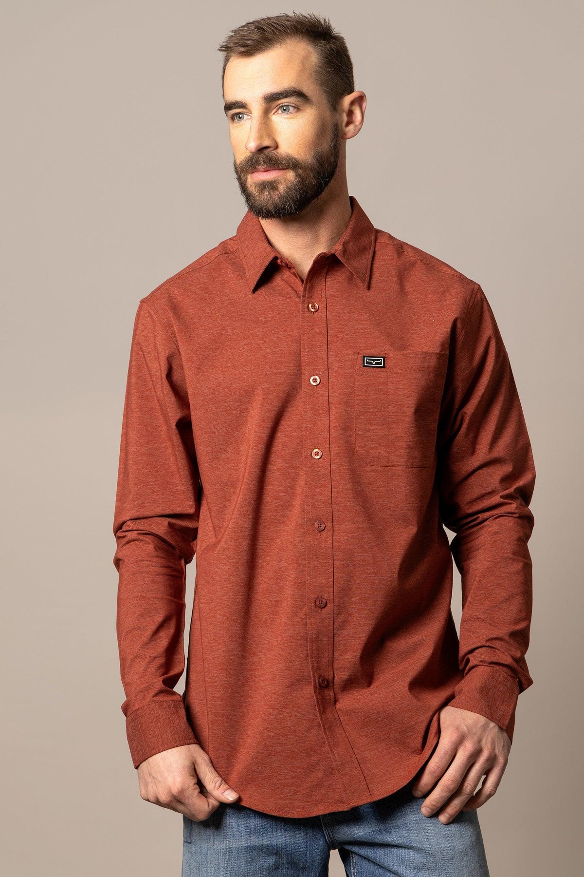 Kimes Ranch Linville Long Sleeve Dress Shirt in Dark Red with a chest pocket and logo patch