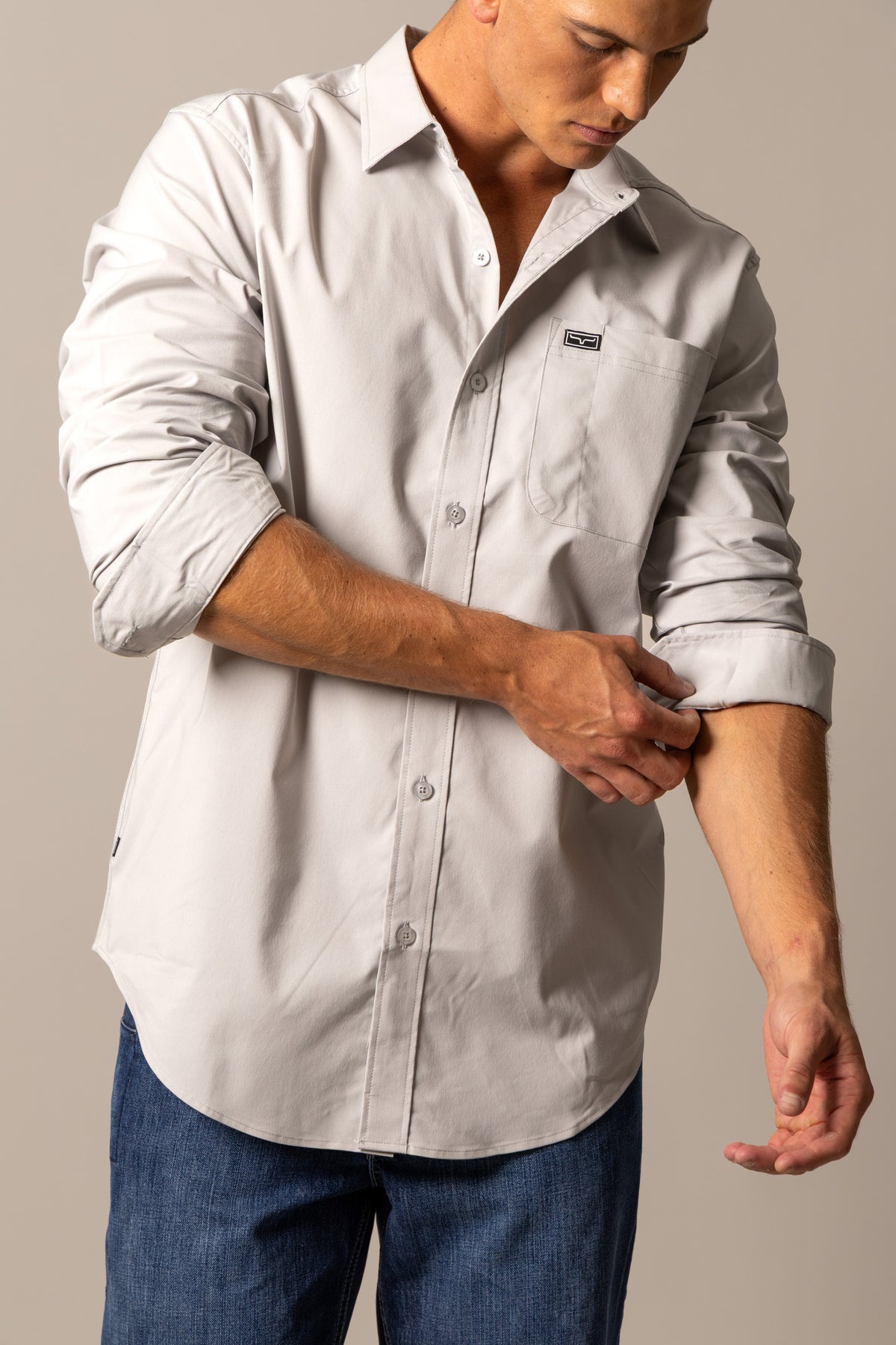 Kimes Ranch Linville Long Sleeve Dress Shirt in Silver White with a chest pocket and rolled sleeves