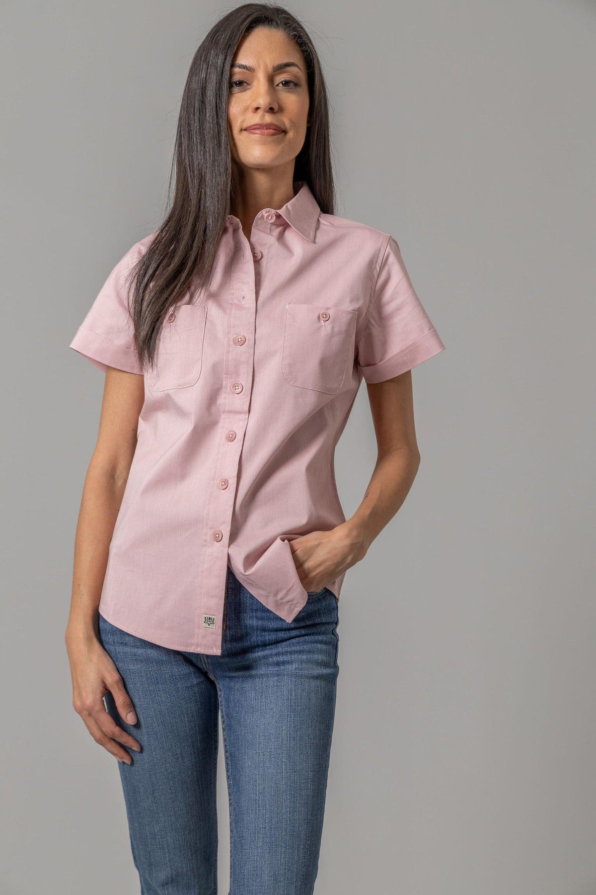 Kimes Ranch Ladies Linville Short Sleeve in Pink with a button front and two chest pockets