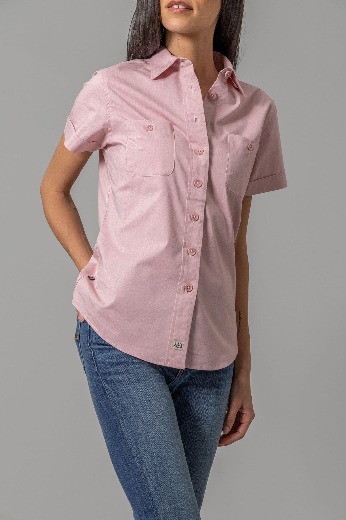 Kimes Ranch Ladies Linville Short Sleeve top in Pink with a button front and two chest pockets