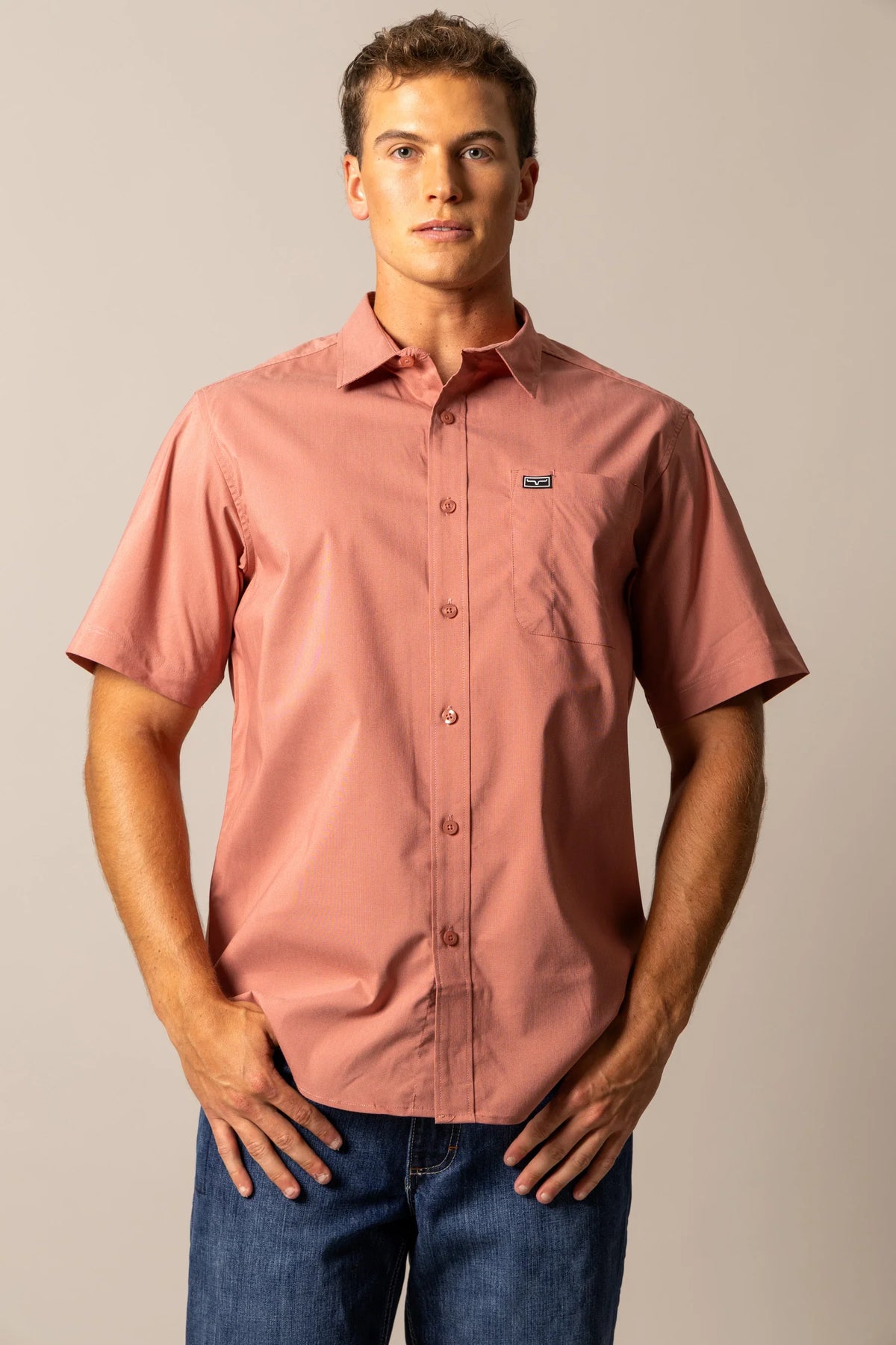 Kimes Ranch Linville Short Sleeve Dress Shirt in Red with a button front and chest pocket with logo