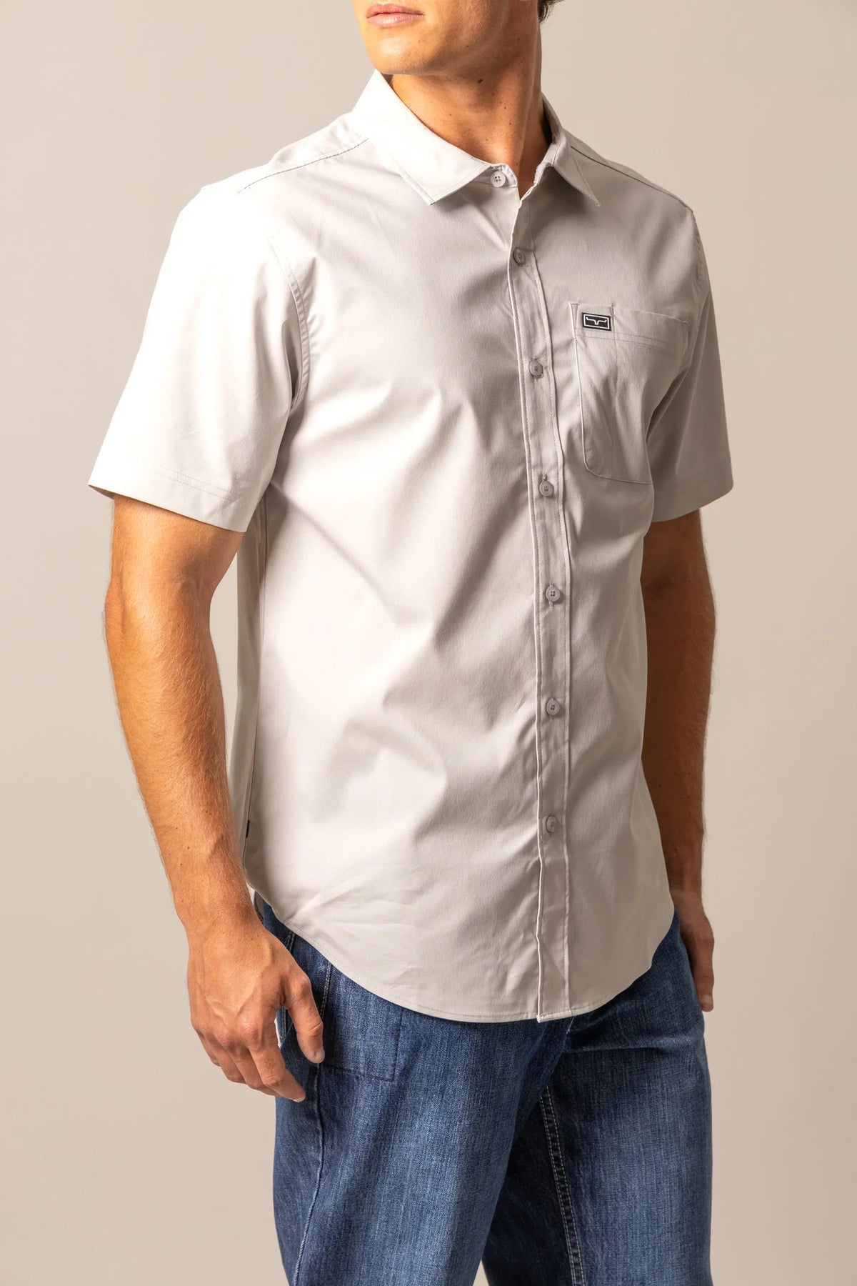 Kimes Ranch Linville Short Sleeve Dress Shirt in Silver White with a chest pocket and logo patch