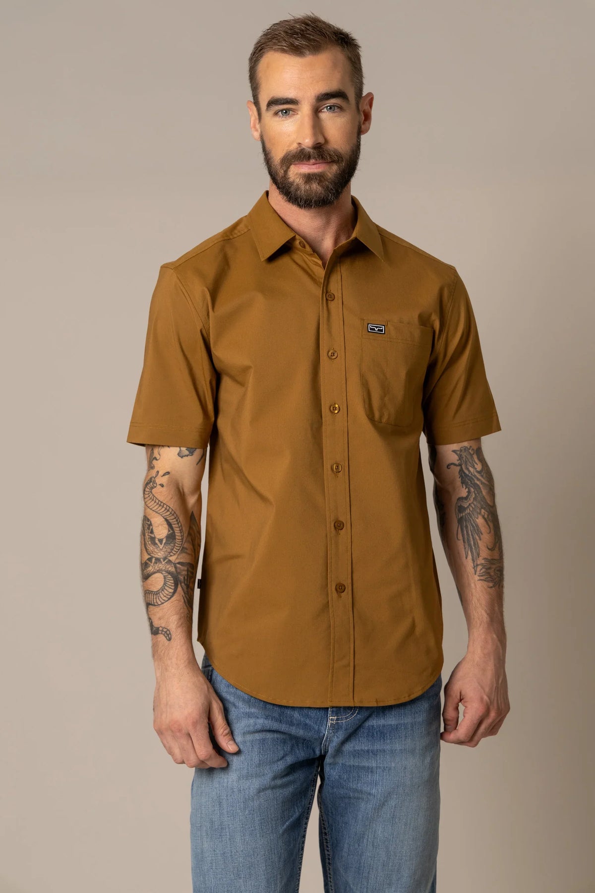 Kimes Ranch Linville Short Sleeve Dress Shirt in Work Wear Brown with a chest pocket and logo patch
