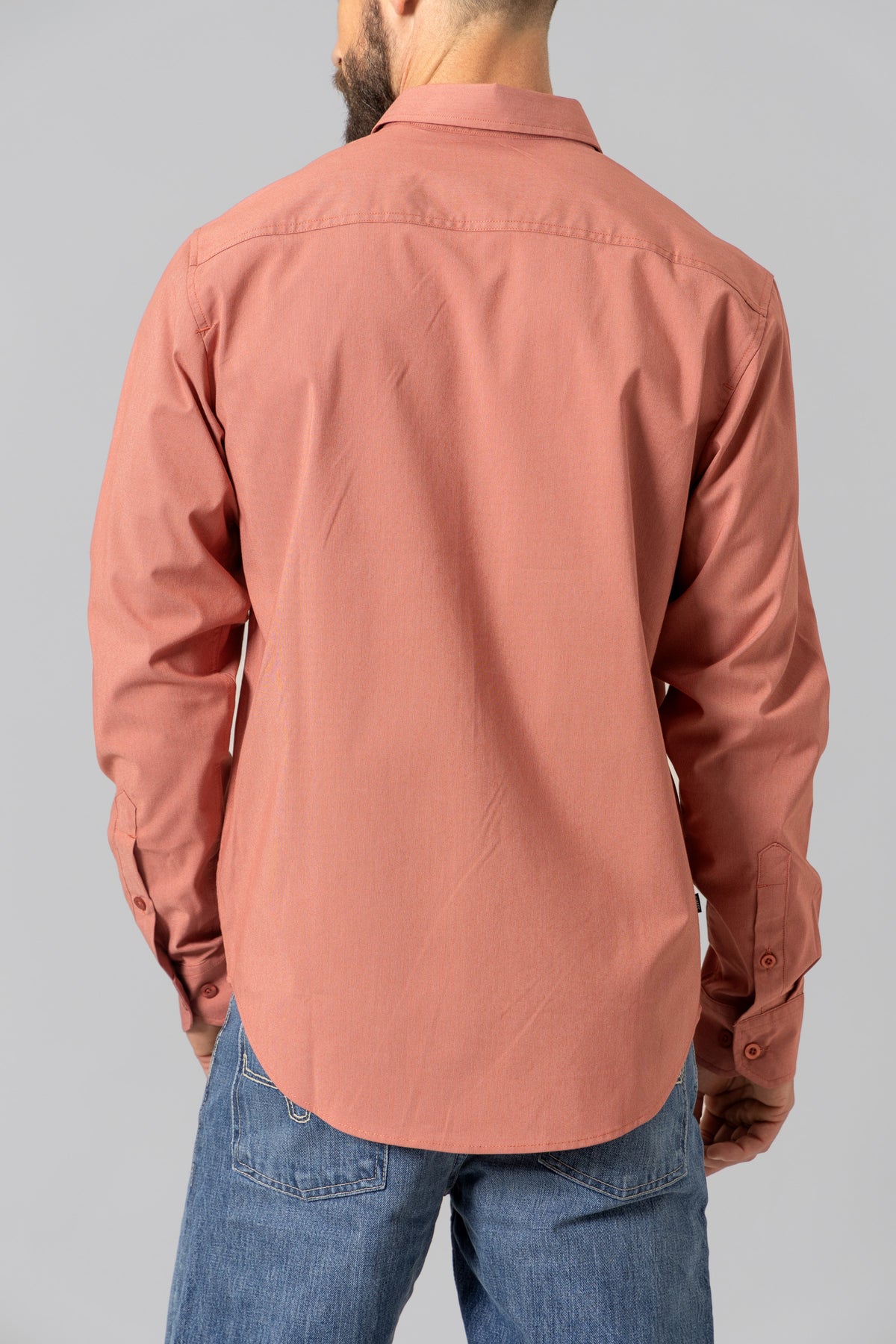 Kimes Ranch Linville Long Sleeve Dress Shirt in Red, back view, with a back yoke and button cuffs