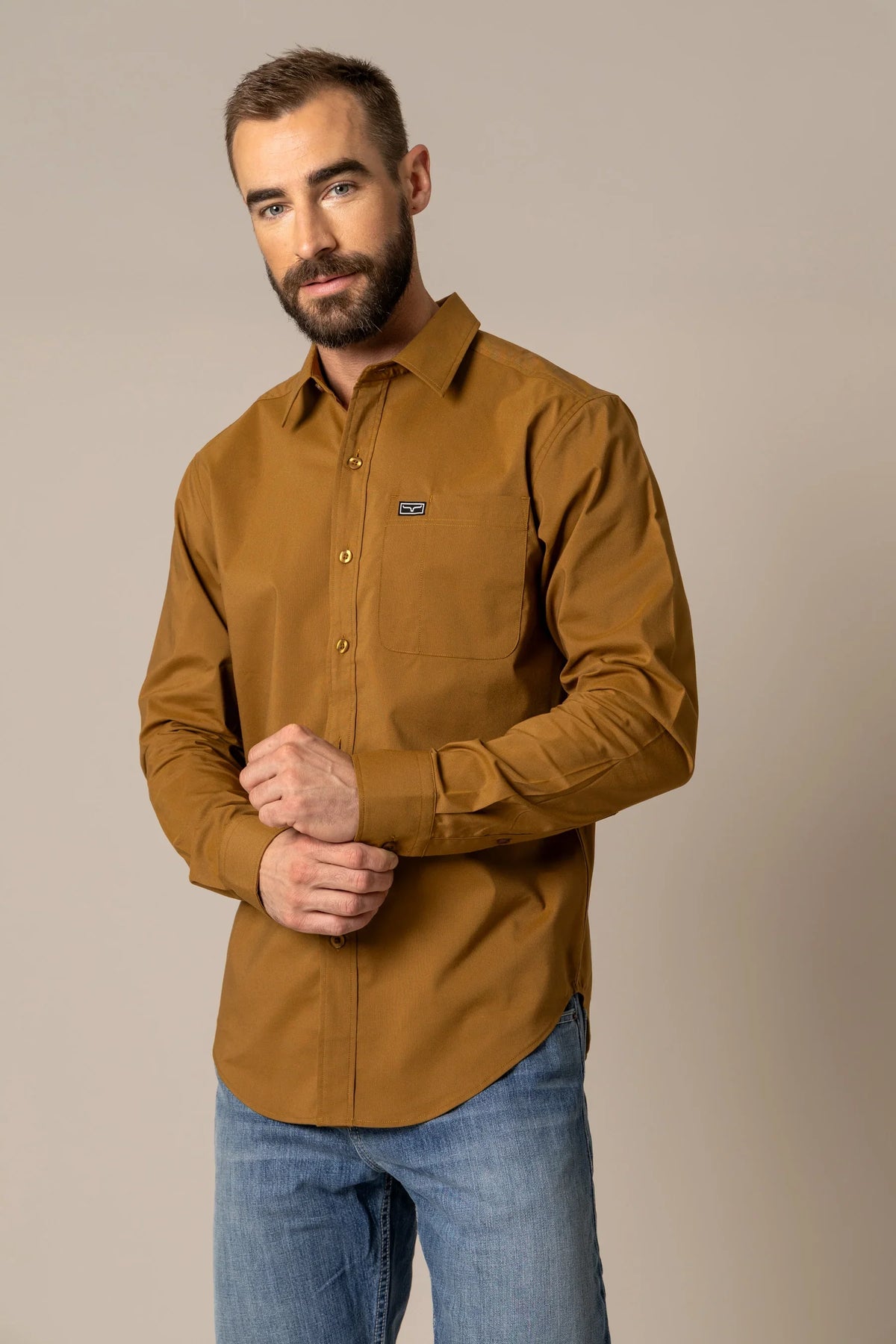 Kimes Ranch Linville Long Sleeve Dress Shirt in Work Wear Brown with a chest pocket and logo