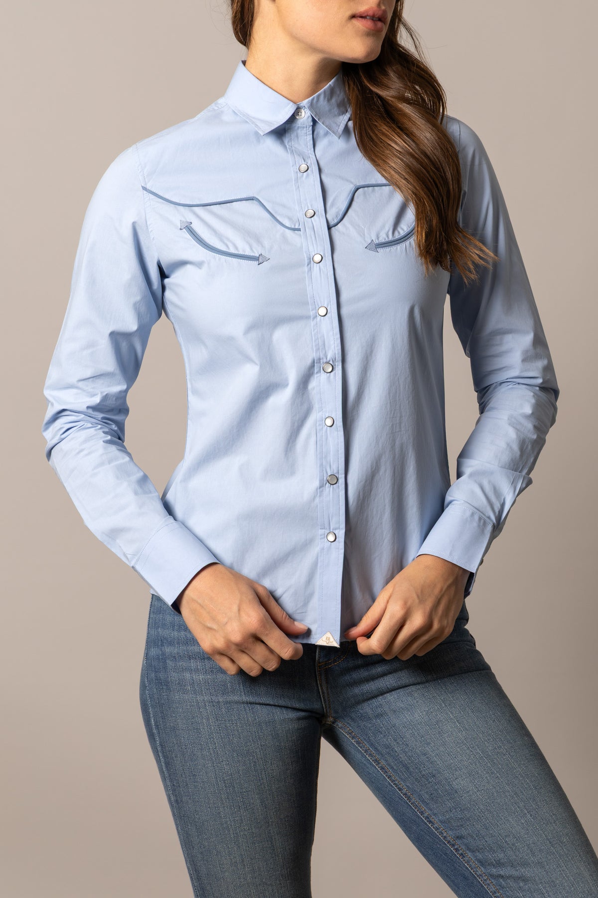 Kimes Ranch Logo Horn Blouse in Light Blue with long sleeves and contrasting stitching on the yoke and pockets