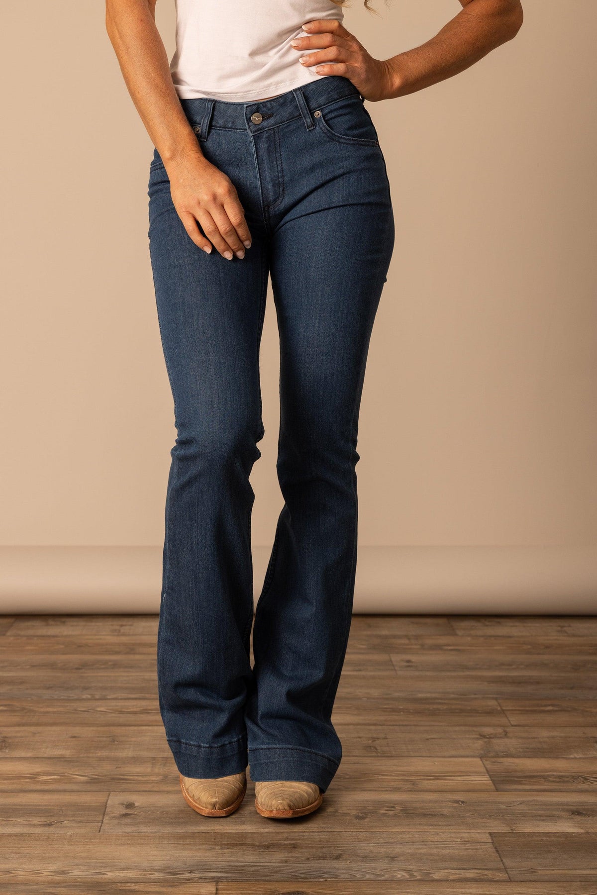 Kimes Ranch Lola jeans in Dark Wash with a bootcut silhouette and cuffed hems
