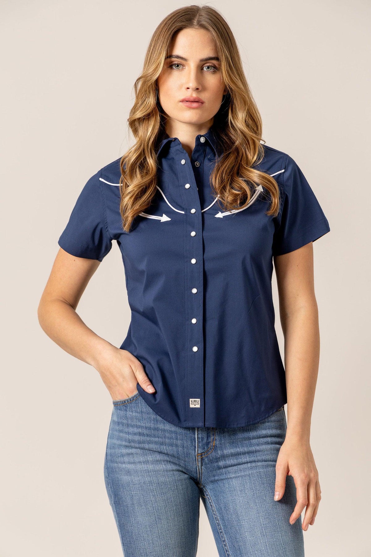 Kimes Ranch Logo Horn Snap top in Navy with white contrast stitching and snap buttons