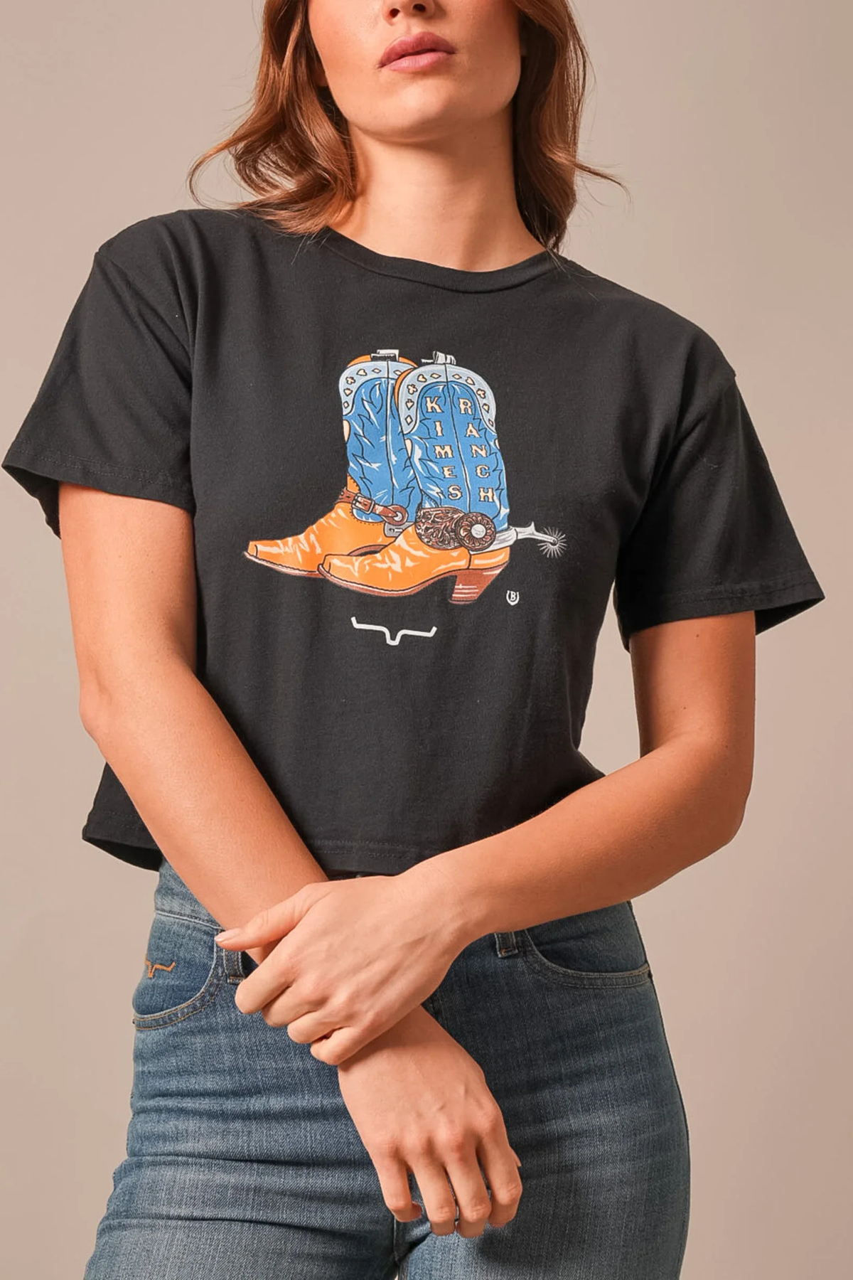 Kimes Ranch Lucky B Boots For Walkin' shirt in Black with a graphic of blue and orange cowboy boots and the Kimes Ranch logo