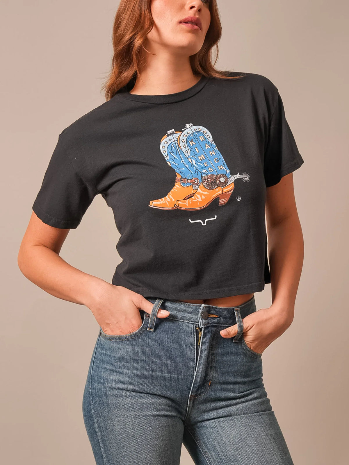 Kimes Ranch Lucky B Boots For Walkin' shirt in Black with a graphic of blue and orange cowboy boots with Kimes Ranch text