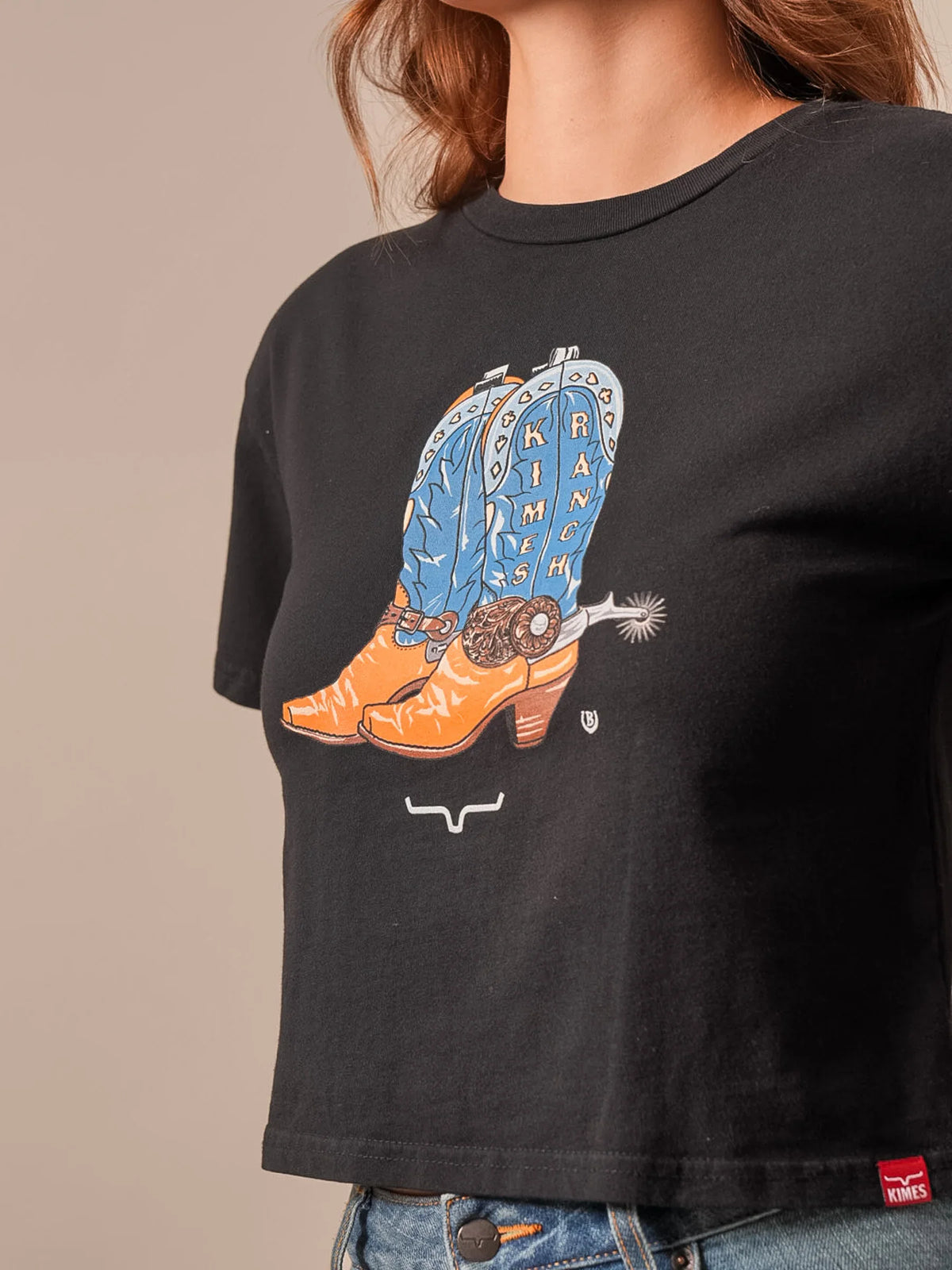 Kimes Ranch Lucky B Boots For Walkin' shirt with a graphic of blue and orange cowboy boots with Kimes Ranch text