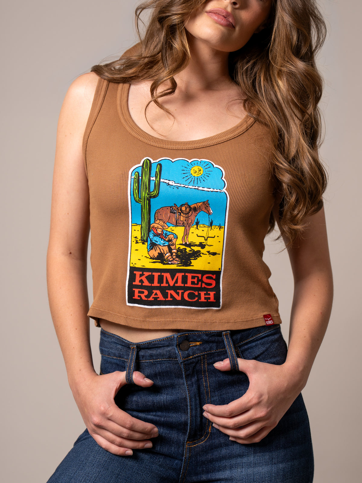 Kimes Ranch Lucky B Dusty Path Tobacco tank top with a graphic of a cowboy and horse with KIMES RANCH text