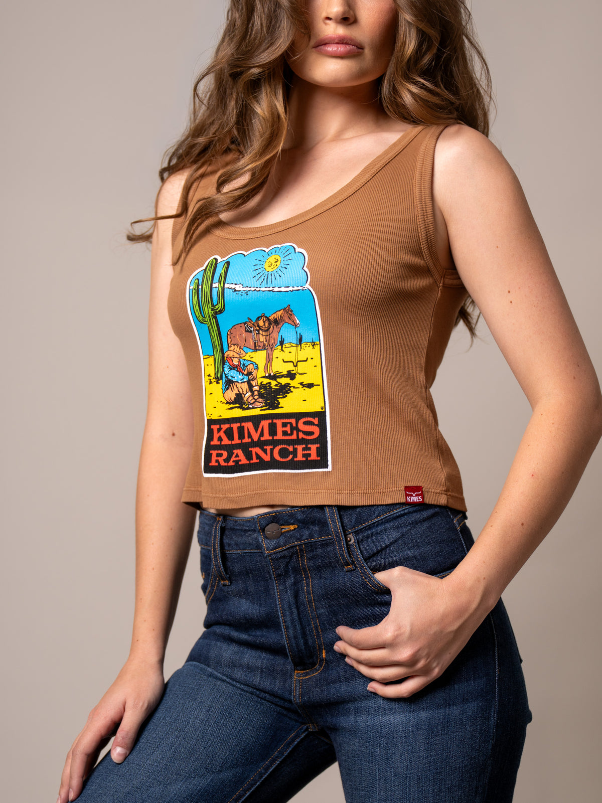 Kimes Ranch Lucky B Dusty Path Tobacco ribbed tank top with a vintage ranch scene graphic and Kimes Ranch logo