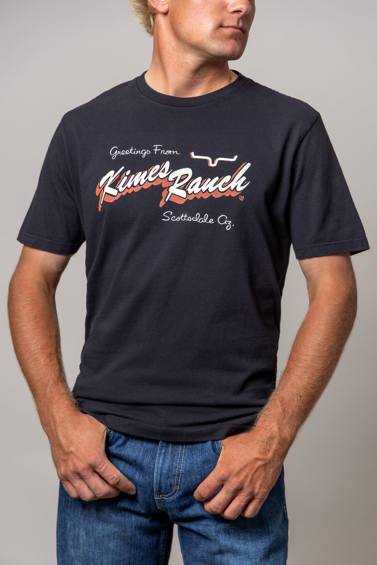 Kimes Ranch Lucky B Greetings Black short sleeve shirt with Greetings From Kimes Ranch Scottsdale Az. graphic print