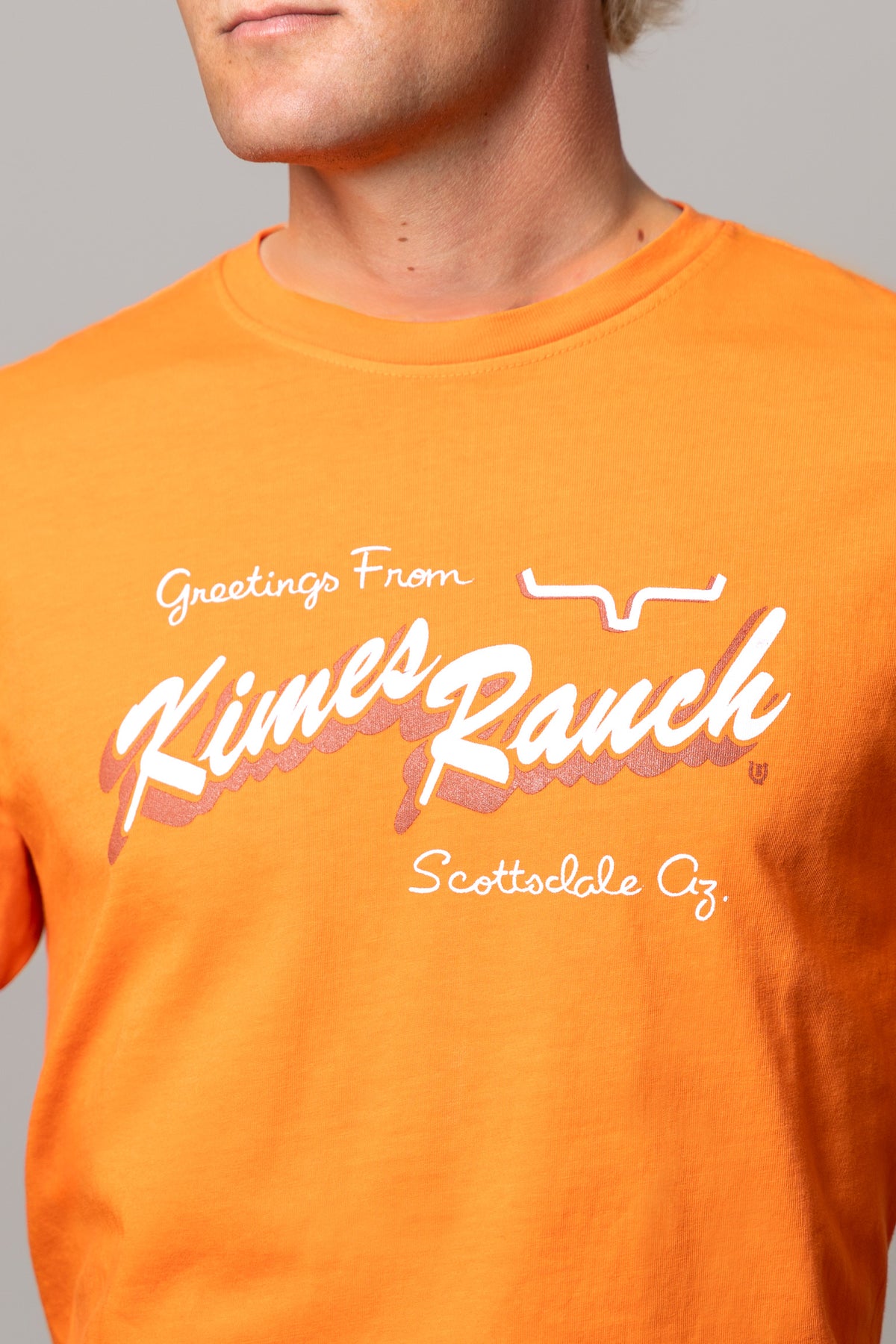 Kimes Ranch Lucky B Greetings shirt in Vintage Orange, close-up