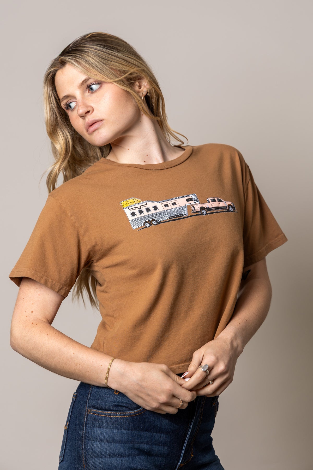 Kimes Ranch Lucky B Hauler shirt in Tobacco with a graphic of a truck towing a camper trailer