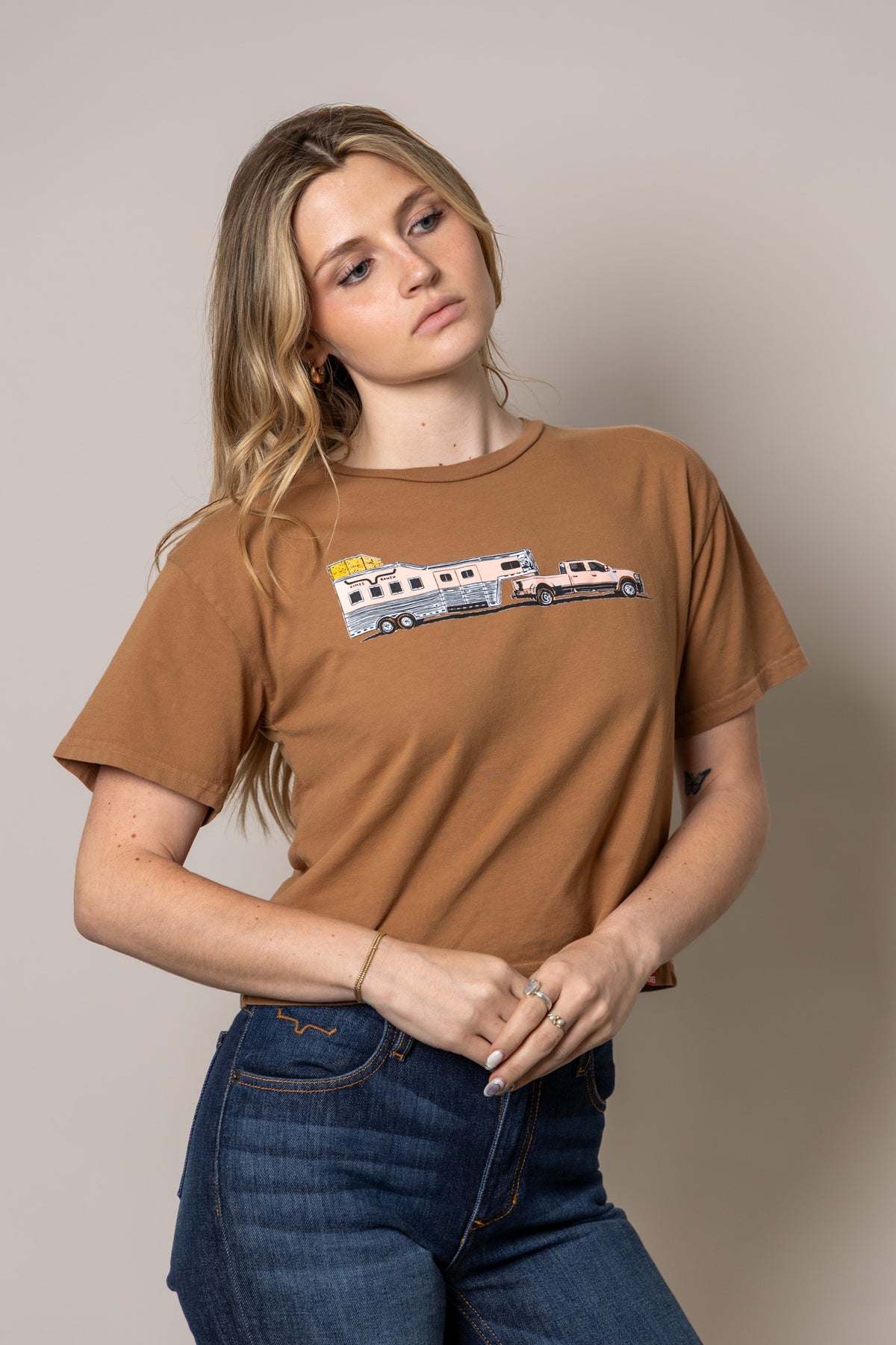 Kimes Ranch Lucky B Hauler shirt in Tobacco with a graphic of a truck towing a camper trailer