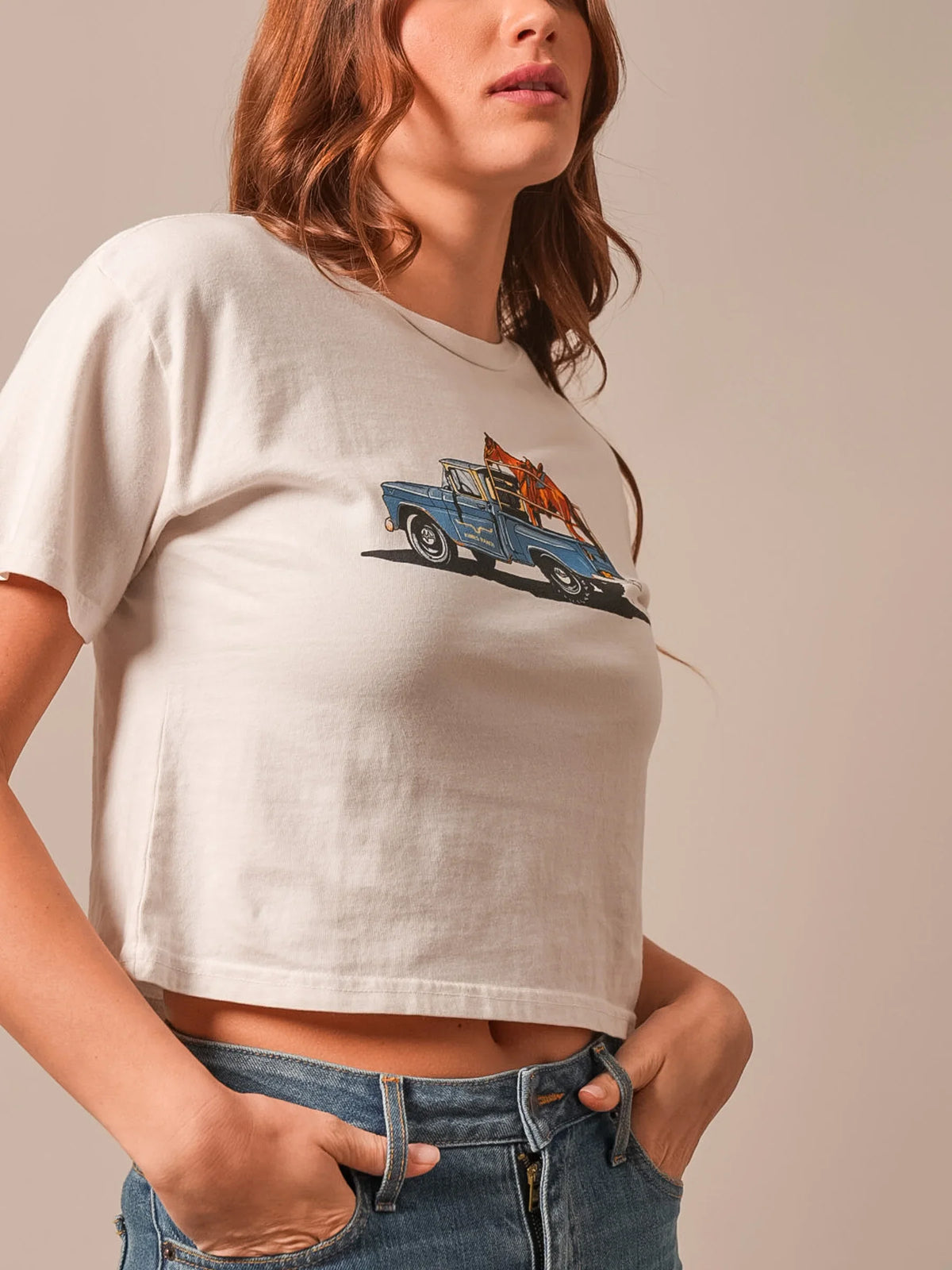 Kimes Ranch Lucky B Pick Up shirt in Bone with a blue vintage truck graphic print