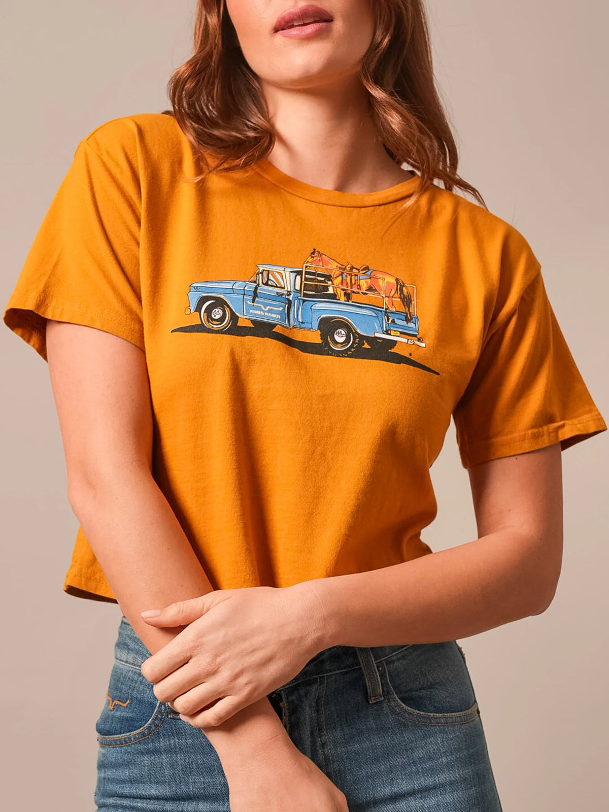 Kimes Ranch Lucky B Pick Up shirt in Gold with a vintage blue truck graphic