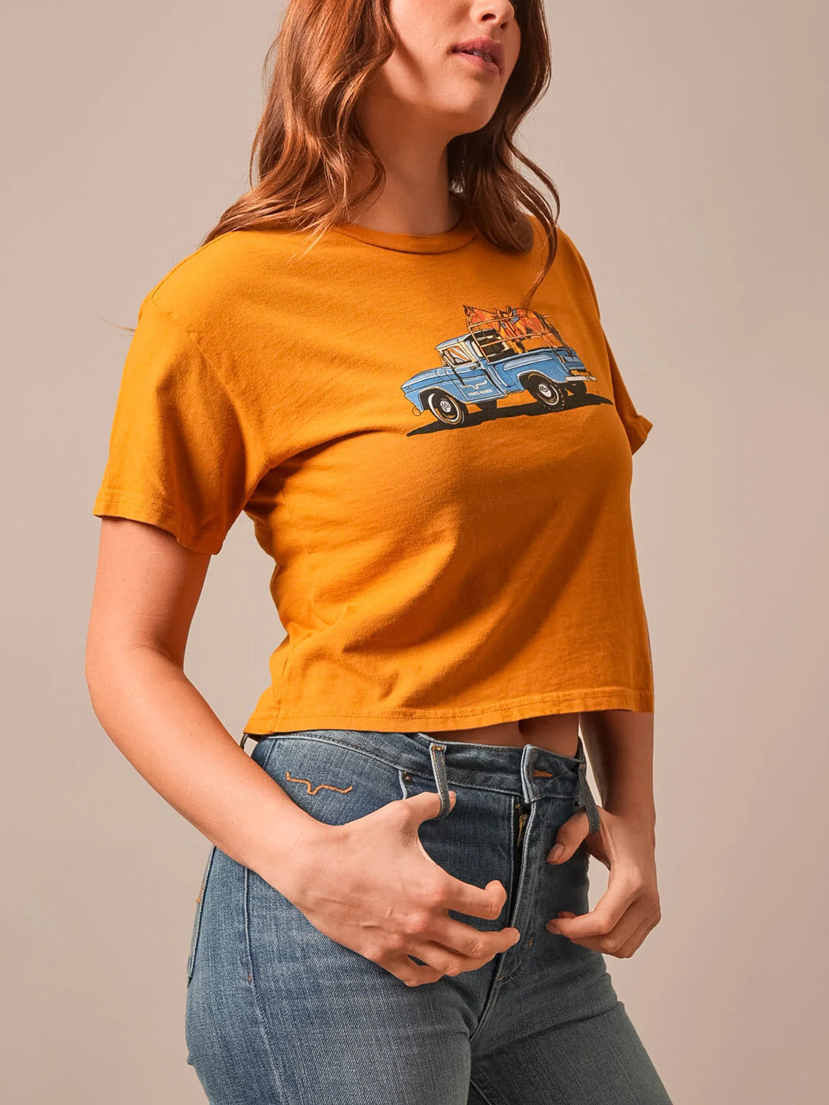 Kimes Ranch Lucky B Pick Up shirt in Gold with a graphic of a blue pickup truck
