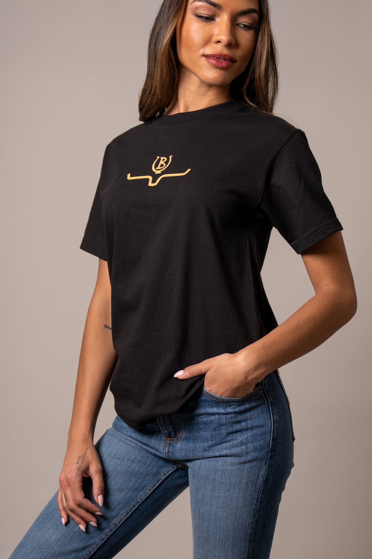 Kimes Ranch Lucky B Saddle shirt in Black with a gold logo on the chest