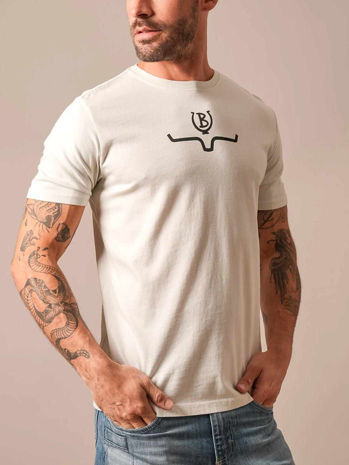 Kimes Ranch Lucky B Saddle shirt in Natural with a black logo on the chest