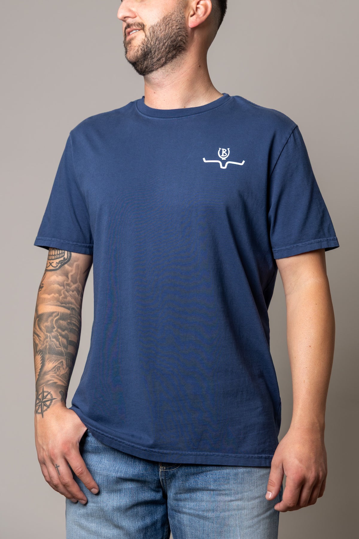 Kimes Ranch Lucky B Statewide shirt in Indigo with a white Kimes Ranch logo on the chest