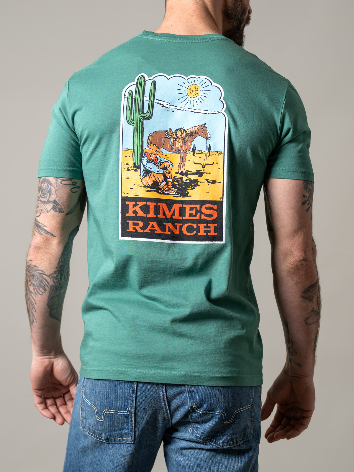 Kimes Ranch Lucky B Sun Had Just Risen shirt in Green, back view