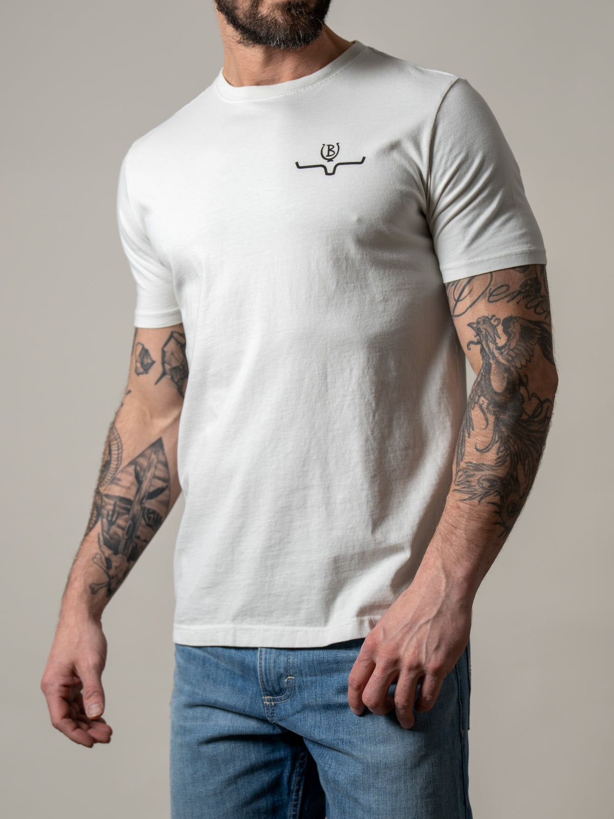 Kimes Ranch Lucky B Sun Had Just Risen shirt in Natural with a crew neck and short sleeves and a small logo on the chest