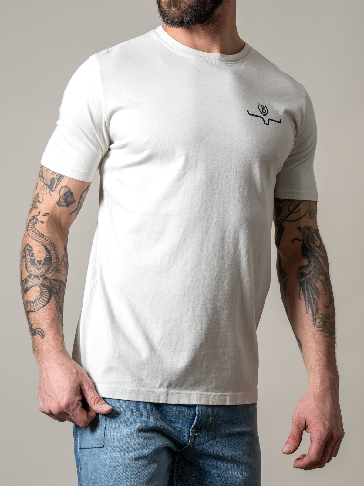 Kimes Ranch Lucky B Sun Had Just Risen shirt in Natural with a crew neck and short sleeves and a small logo on the chest