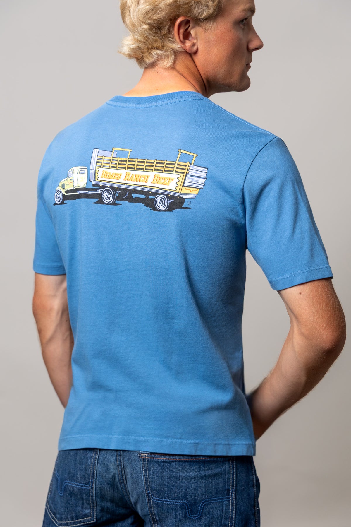 Kimes Ranch Lucky B Vintage Hauler shirt in Mid Blue, back view
