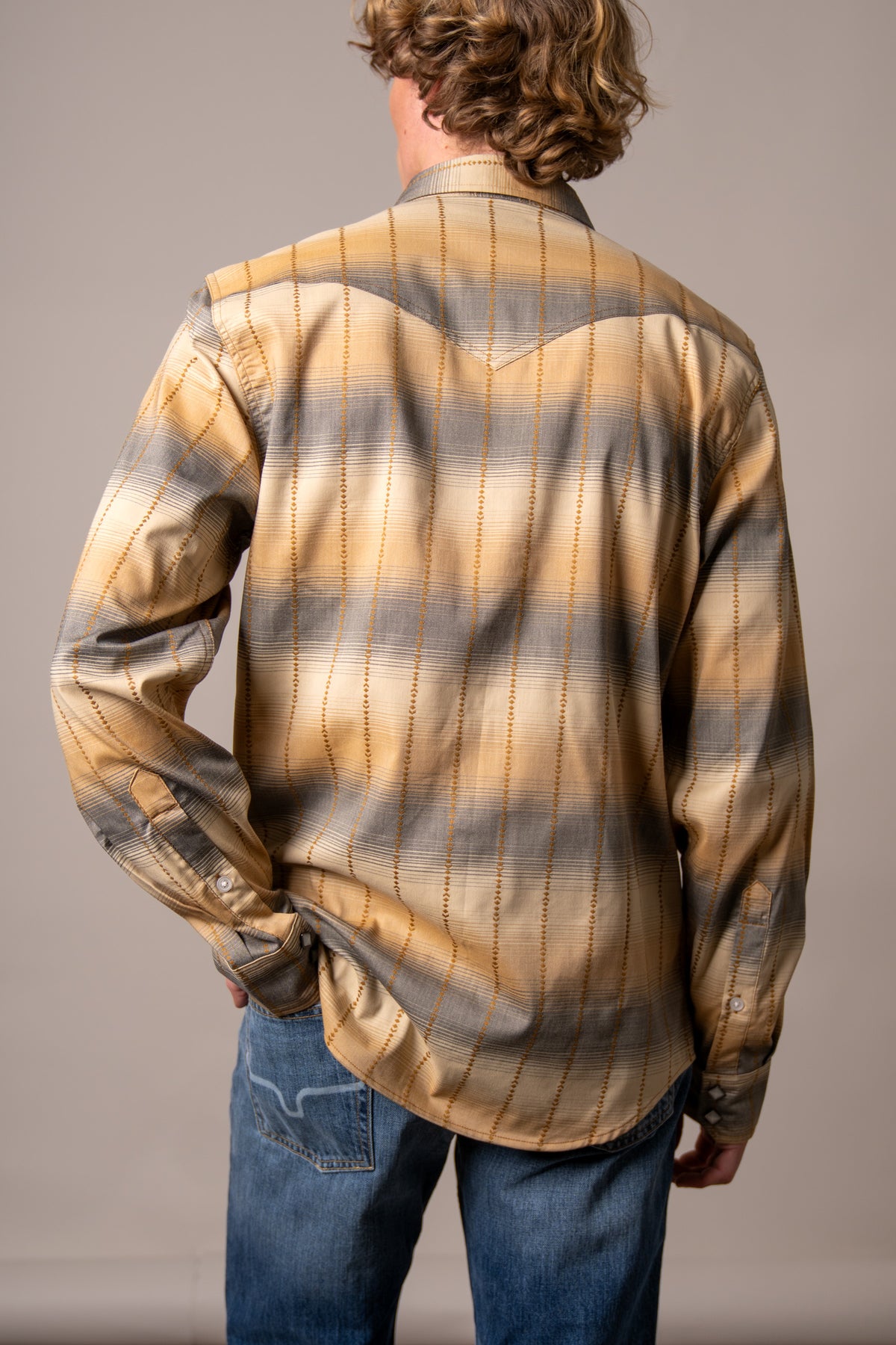 Kimes Ranch Lyle dress shirt in Black, back view, with a plaid pattern and contrast yoke