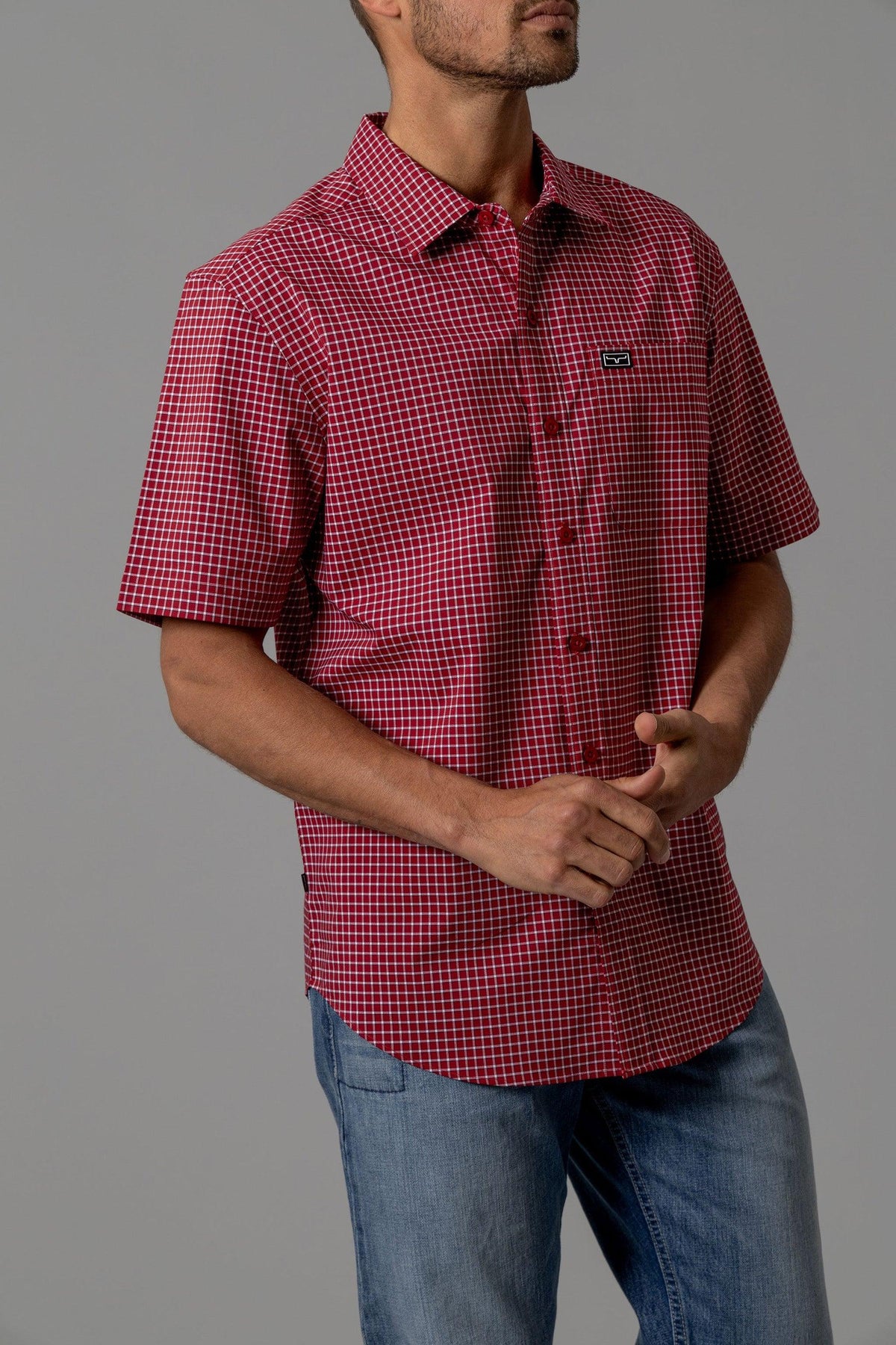 Kimes Ranch MC Cooper Red short sleeve dress shirt with white check pattern and chest pocket
