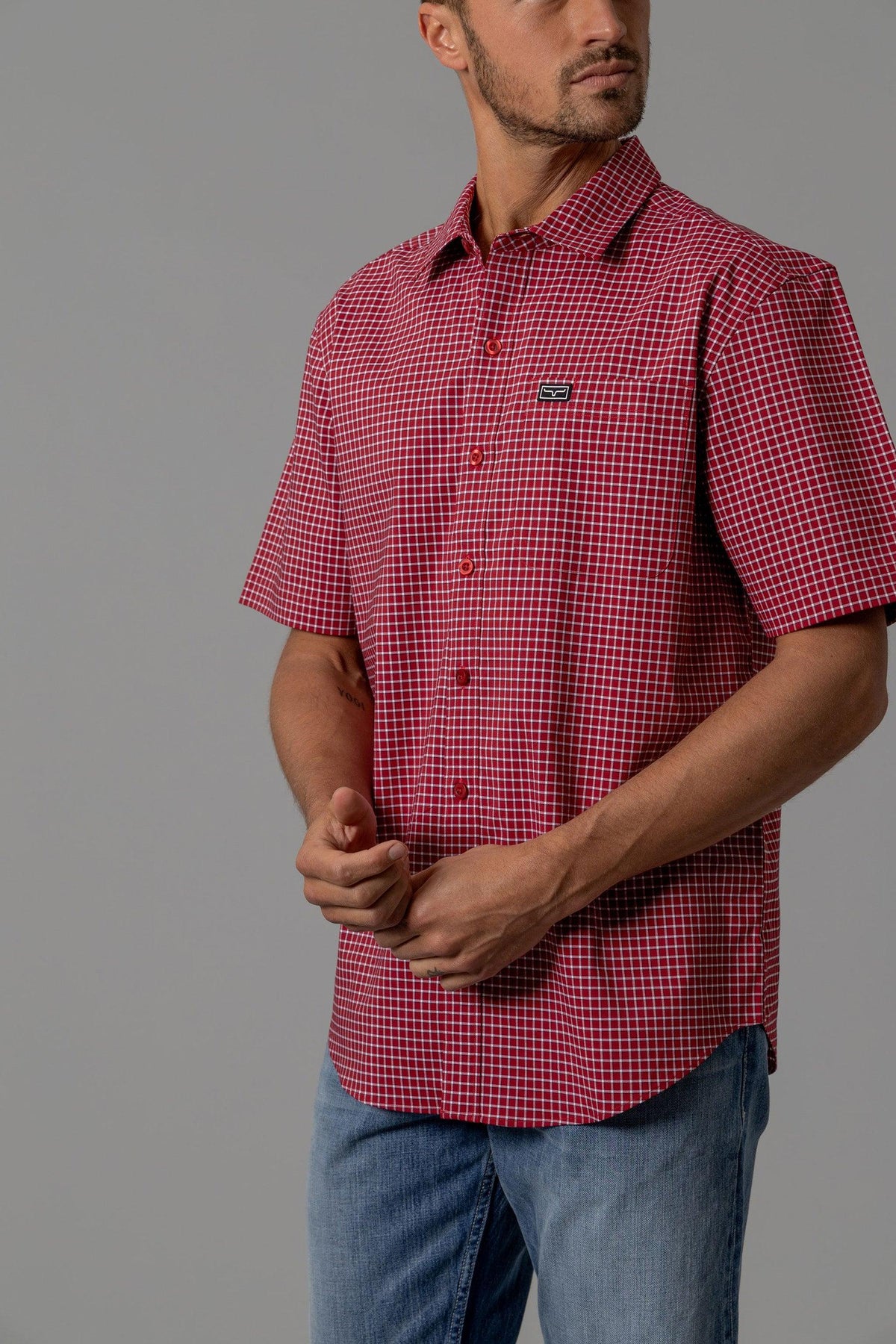 Kimes Ranch MC Cooper Red short sleeve dress shirt with white check pattern and chest pocket