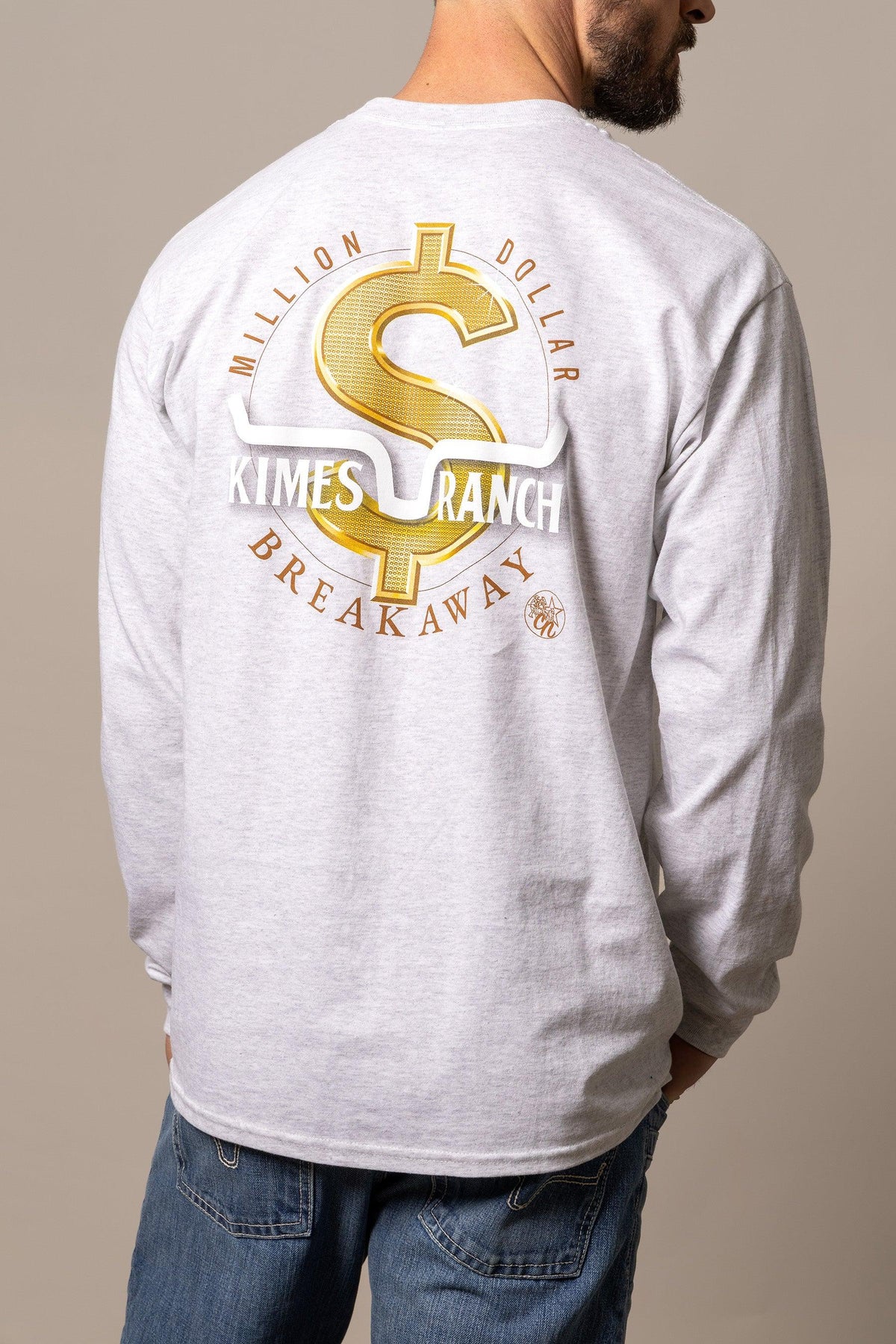 Kimes Ranch MDB Long Sleeve shirt in Ash Heather, back view, with gold dollar sign graphic and Million Dollar Breakaway text