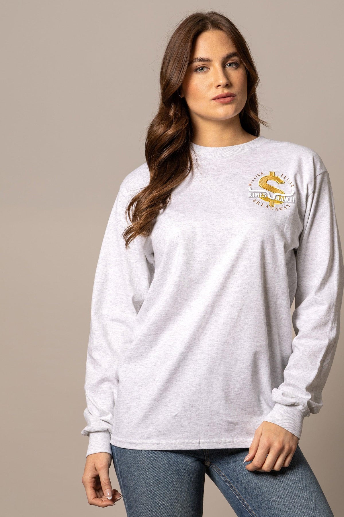 Kimes Ranch MDB Long Sleeve shirt in Ash Heather with a gold dollar sign graphic and Kimes Ranch logo