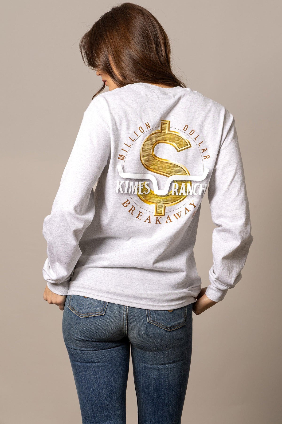 Kimes Ranch MDB Long Sleeve shirt in Ash Heather, back view, with a gold dollar sign graphic