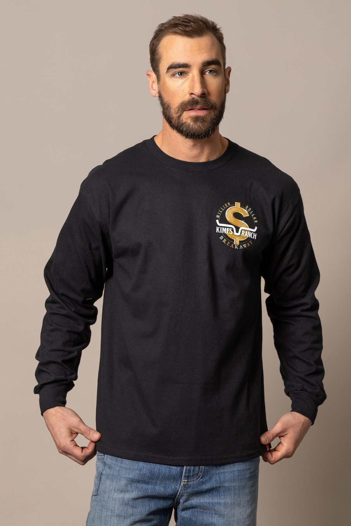 Kimes Ranch MDB Long Sleeve shirt in Black with a gold dollar sign graphic and Kimes Ranch logo on the chest