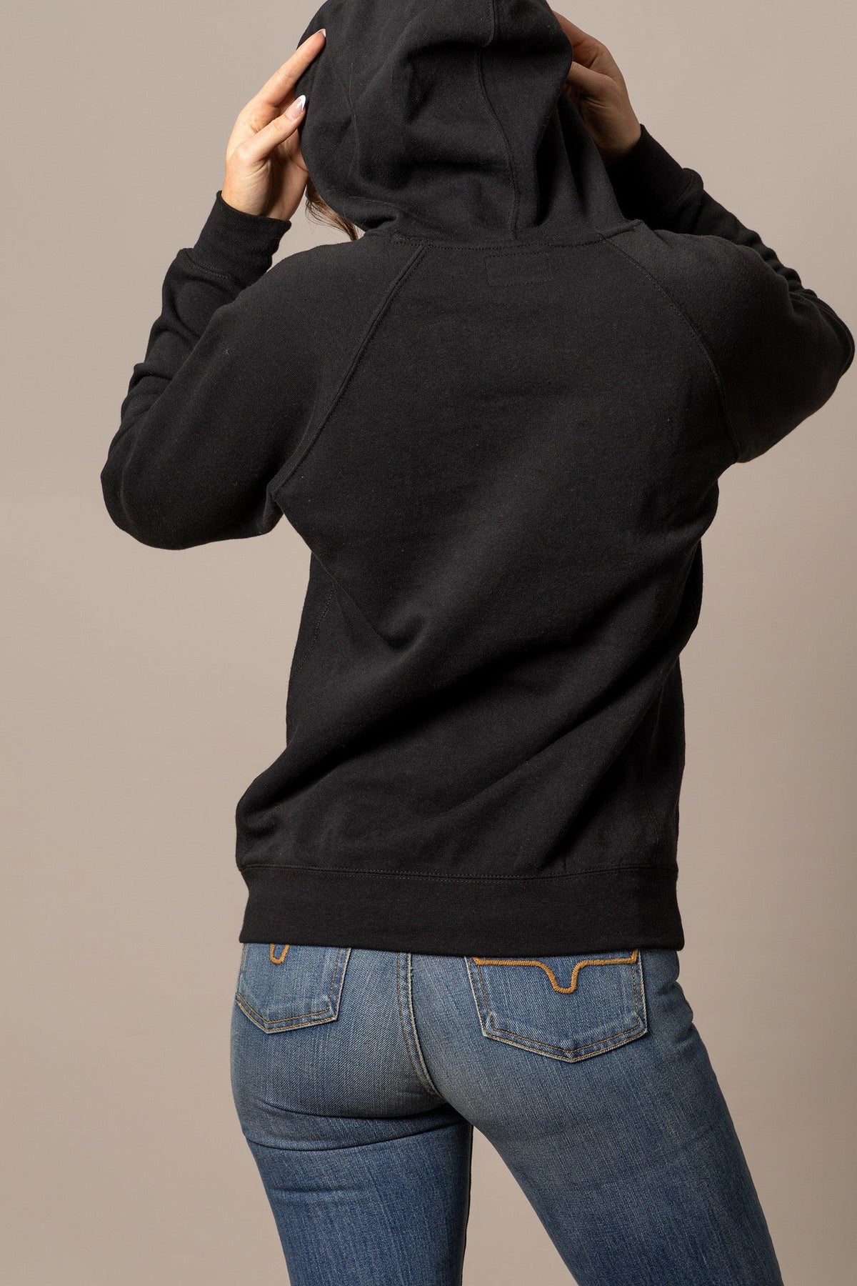 Kimes Ranch MDB Pullover hoodie in black with a back yoke seam and long sleeves
