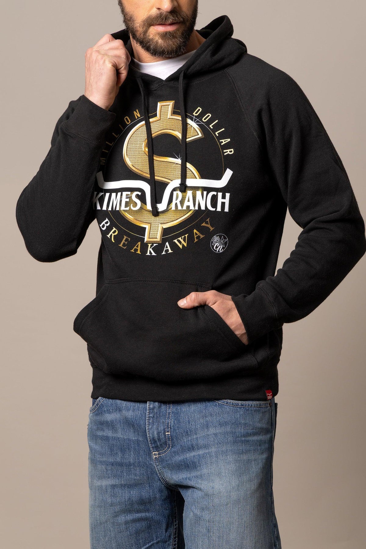 Kimes Ranch MDB Pullover hoodie in black with a gold dollar sign graphic and white Kimes Ranch Breakaway text