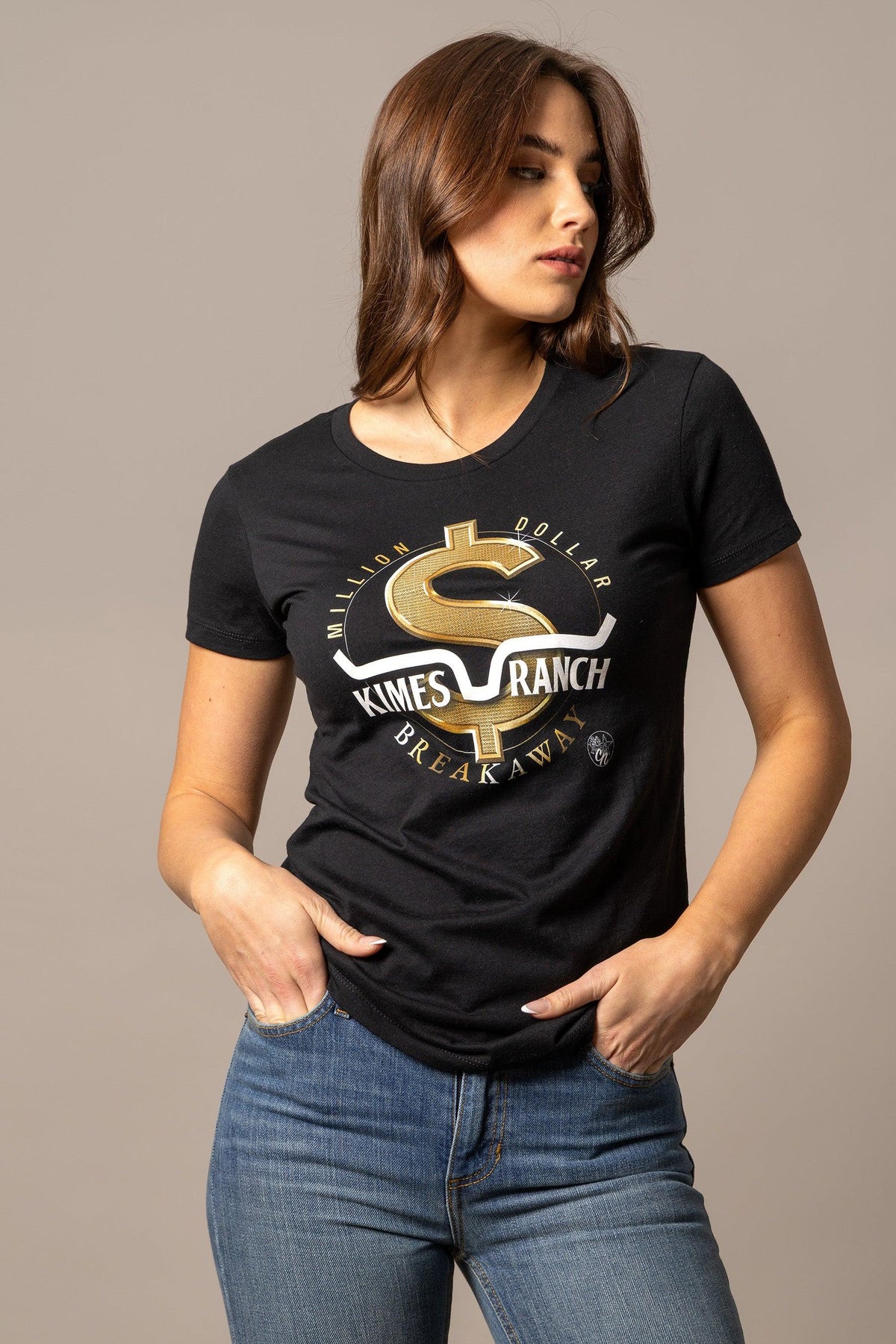 Kimes Ranch Women's MDB Tee in black with a gold dollar sign graphic and Million Dollar Breakaway text