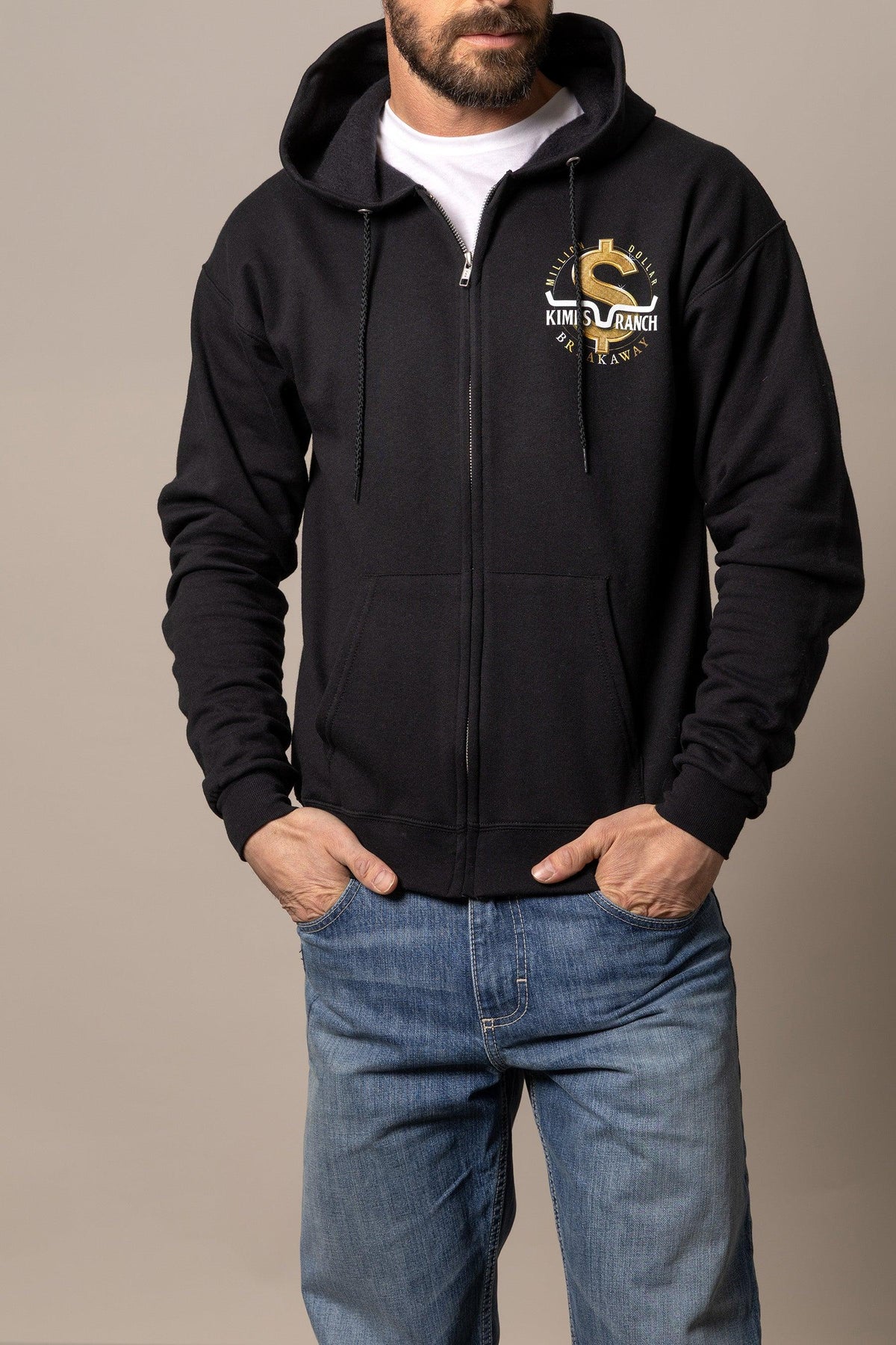 Kimes Ranch MDB Zip Up hoodie in Black with a front kangaroo pocket and a gold dollar sign logo