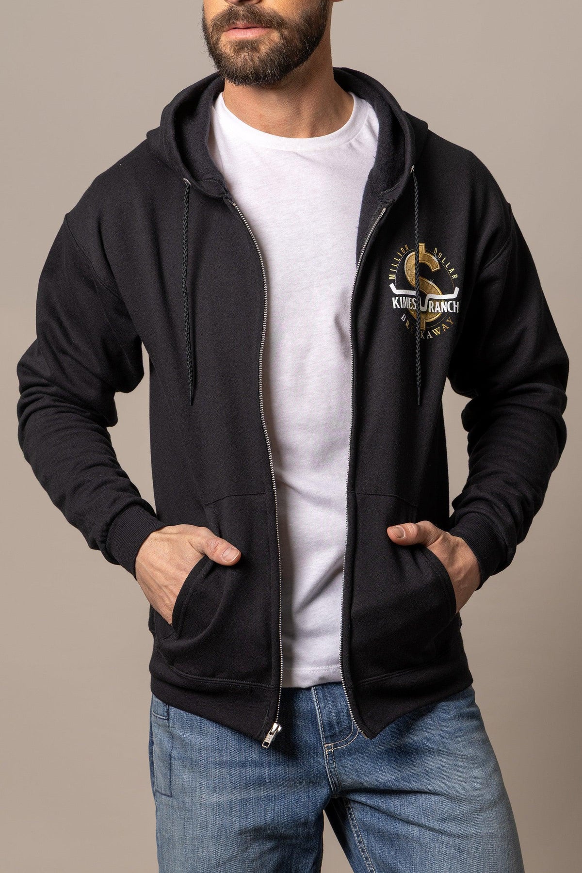 Kimes Ranch MDB Zip Up hoodie in black with a front kangaroo pocket and a Million Dollar Breakaway logo on the chest