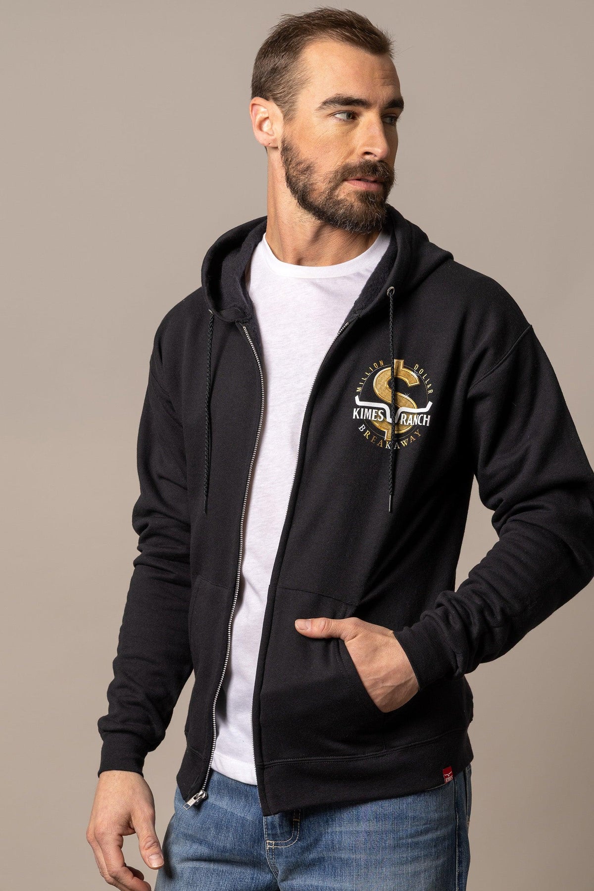 Kimes Ranch MDB Zip Up hoodie in black with a front zip and a Million Dollar Breakaway logo on the chest