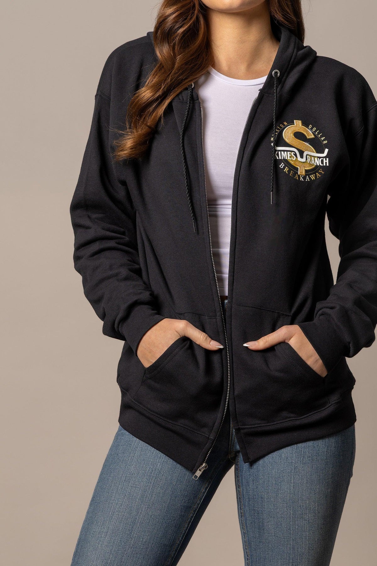 Kimes Ranch MDB Zip Up hoodie in black with a gold dollar sign graphic and kangaroo pockets